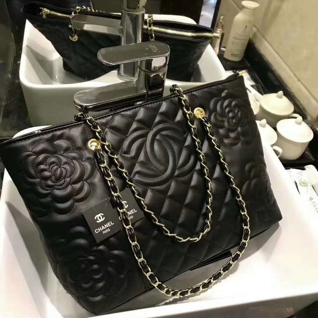 CHANEL Rosaire « Florence » Sheepskin Leather Tote Bag With Camellia Pattern Black W35 x H26 x D12 CM