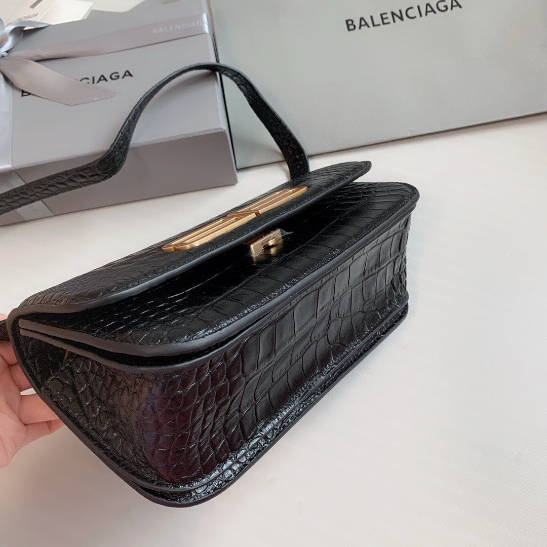 Balenciaga Gossip Small Bag Crocodile Embossed in Black Gold Hardware 23 x 12.4 x 10.4cm