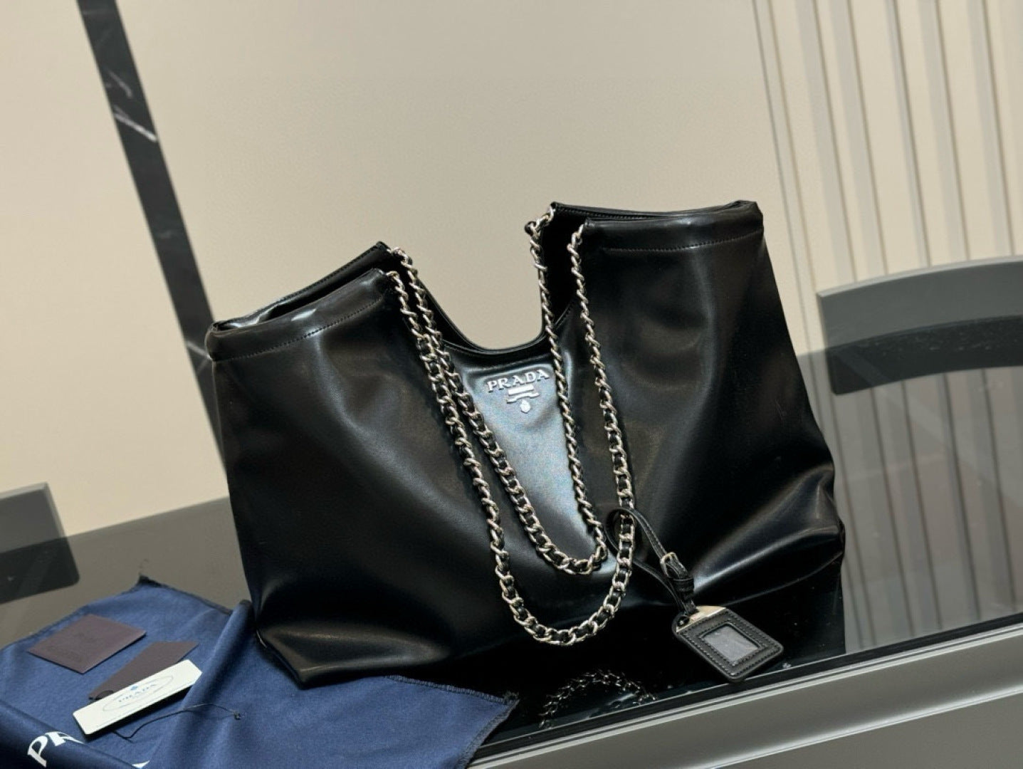 Prada Double Chain Black Shoppping Tote Bag 39x30cm