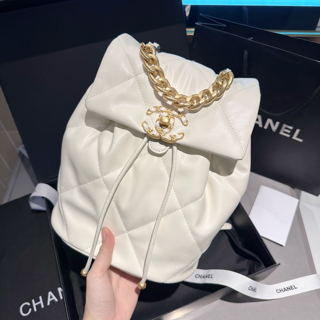 CHANEL Lambskin Quilted Backpack White