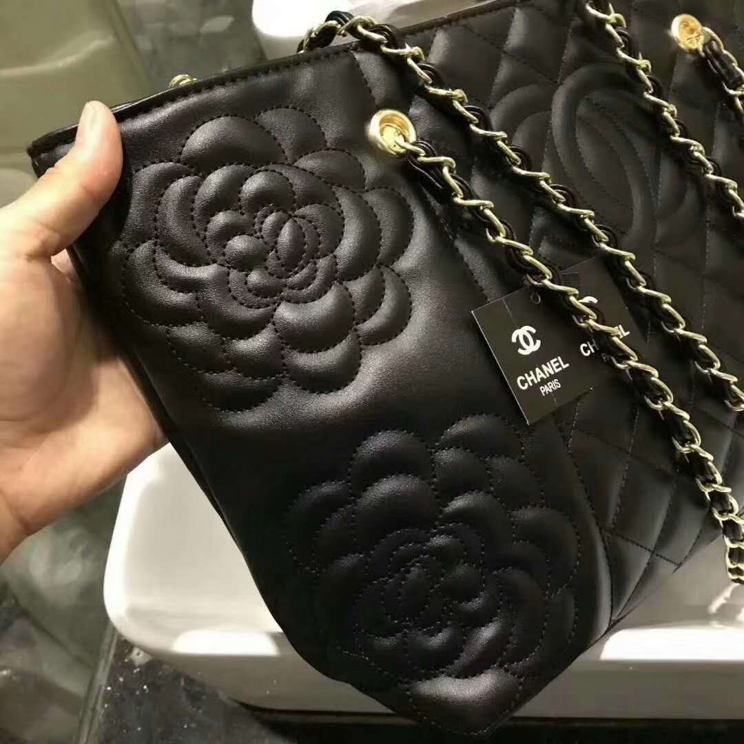 CHANEL Rosaire « Florence » Sheepskin Leather Tote Bag With Camellia Pattern Black W35 x H26 x D12 CM