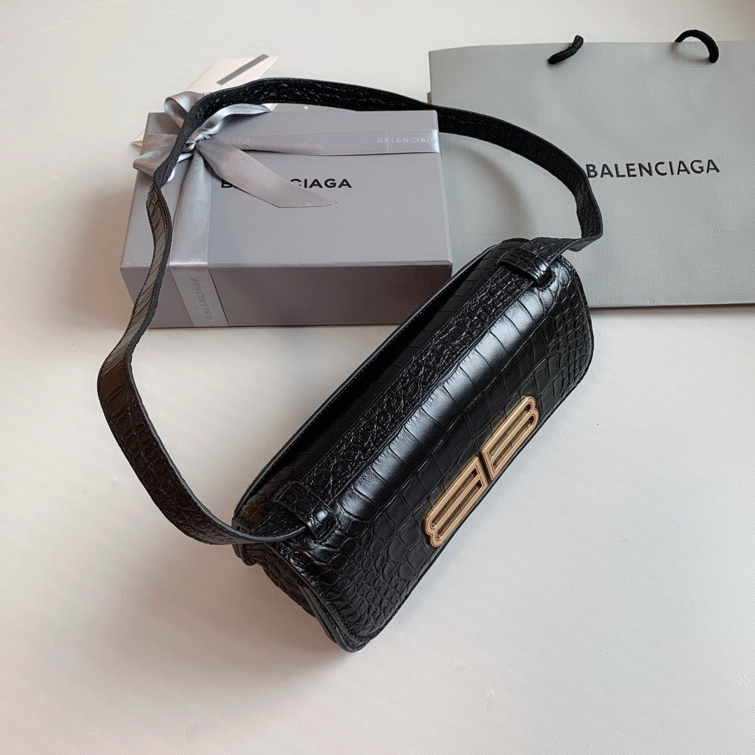 Balenciaga Gossip Small Bag Crocodile Embossed in Black Gold Hardware 23 x 12.4 x 10.4cm