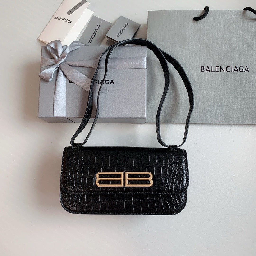 Balenciaga Gossip Small Bag Crocodile Embossed in Black Gold Hardware 23 x 12.4 x 10.4cm