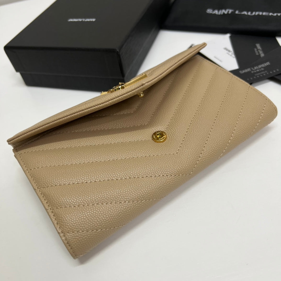 YSL Long Wallet Beige Leather Gold Tone 10772 19cm