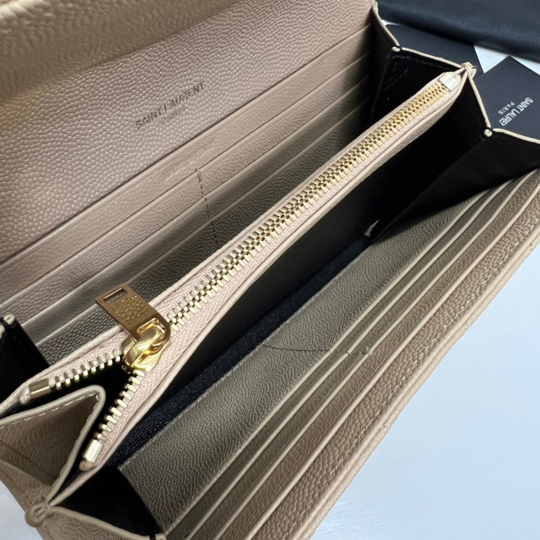 YSL Long Wallet Beige Leather Gold Tone 10772 19cm