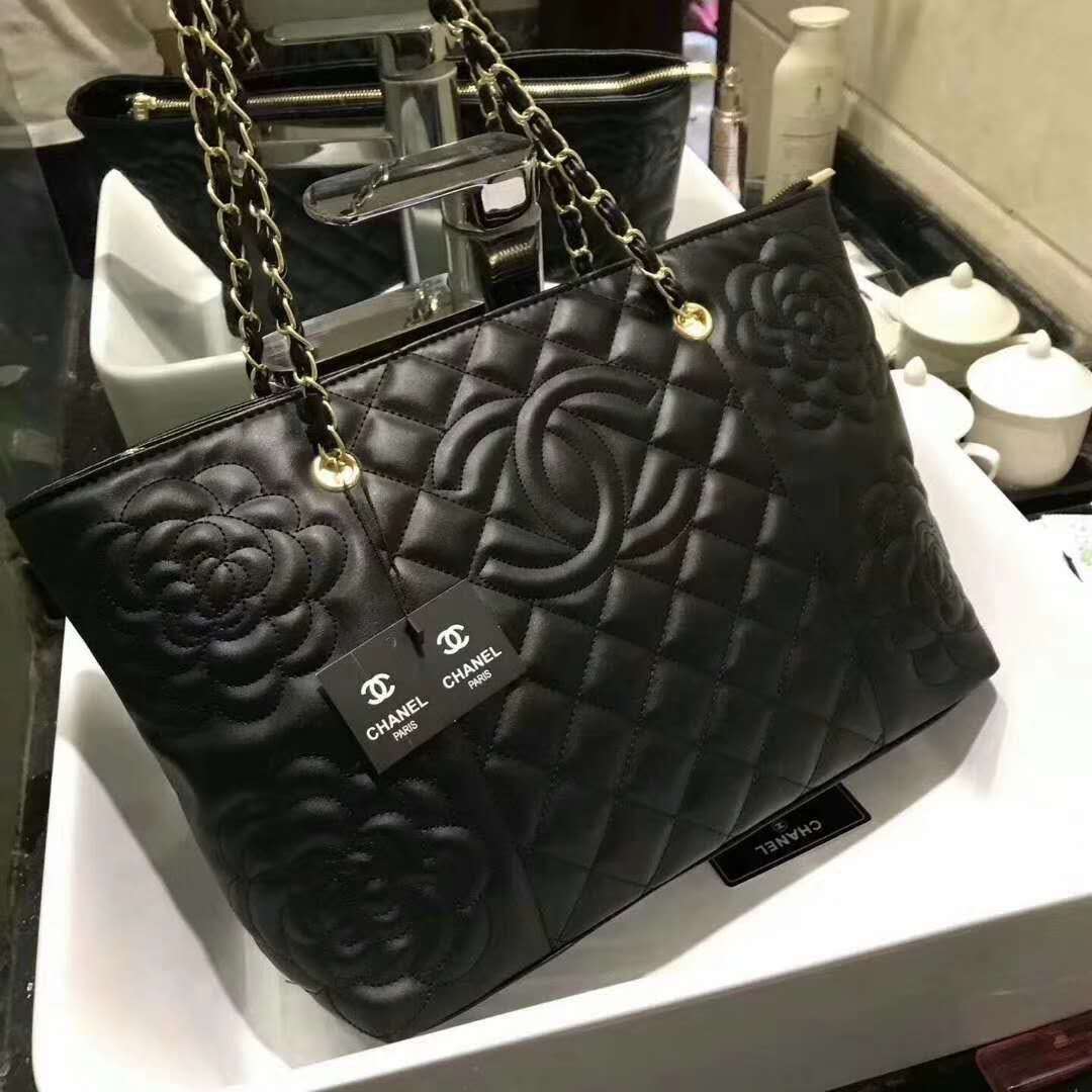 CHANEL Rosaire « Florence » Sheepskin Leather Tote Bag With Camellia Pattern Black W35 x H26 x D12 CM