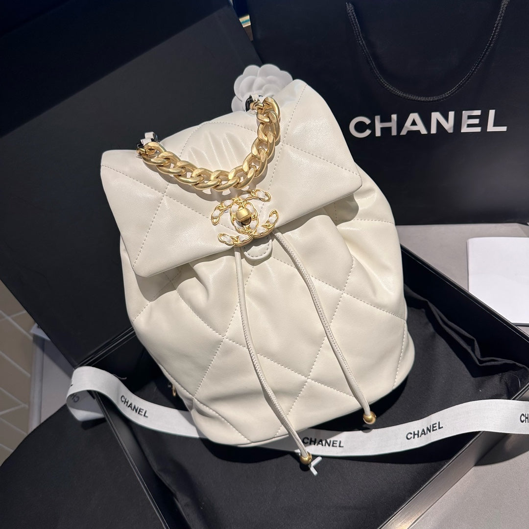 CHANEL Lambskin Quilted Backpack White