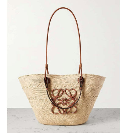 LOEWE + Paula's Ibiza medium leather-trimmed woven raffia tote