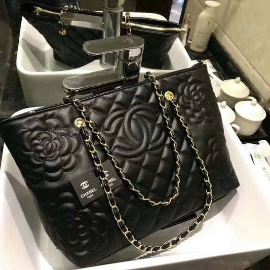 CHANEL Rosaire « Florence » Sheepskin Leather Tote Bag With Camellia Pattern Black  W35 x H26 x D12 CM