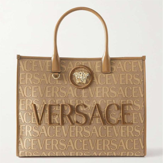 VERSACE Medusa leather-trimmed embroidered canvas-jacquard tote