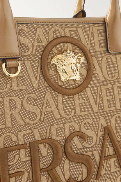 VERSACE Medusa leather-trimmed embroidered canvas-jacquard tote