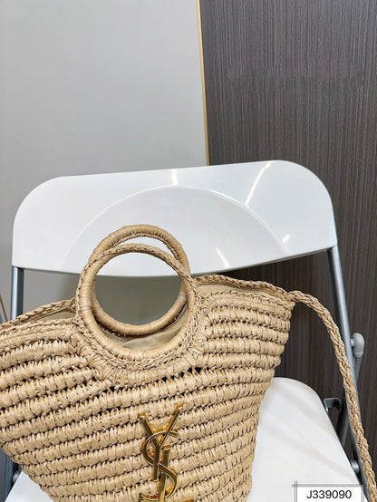 YSL SAINT LAURENT Raffia Woven Tote Bag For Summer Vacation Beach 30x20cm
